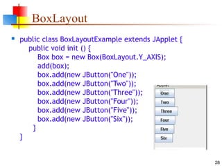 28
BoxLayout
 public class BoxLayoutExample extends JApplet {
public void init () {
Box box = new Box(BoxLayout.Y_AXIS);
add(box);
box.add(new JButton("One"));
box.add(new JButton("Two"));
box.add(new JButton("Three"));
box.add(new JButton("Four"));
box.add(new JButton("Five"));
box.add(new JButton("Six"));
}
}
 