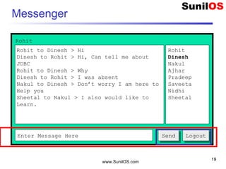 www.SunilOS.com
19
Messenger
Rohit to Dinesh > Hi
Dinesh to Rohit > Hi, Can tell me about
JDBC
Rohit to Dinesh > Why
Dinesh to Rohit > I was absent
Nakul to Dinesh > Don’t worry I am here to
Help you
Sheetal to Nakul > I also would like to
Learn.
Rohit
Dinesh
Nakul
Ajhar
Pradeep
Saveeta
Nidhi
Sheetal
Enter Message Here SendSend
Rohit
LogoutLogout
 