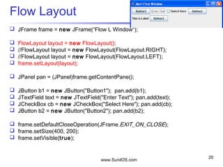 www.SunilOS.com
20
Flow Layout
 JFrame frame = new JFrame(“Flow L Window");
 FlowLayout layout = new FlowLayout();
 //FlowLayout layout = new FlowLayout(FlowLayout.RIGHT);
 //FlowLayout layout = new FlowLayout(FlowLayout.LEFT);
 frame.setLayout(layout);
 JPanel pan = (JPanel)frame.getContentPane();
 JButton b1 = new JButton("Button1"); pan.add(b1);
 JTextField text = new JTextField("Enter Text"); pan.add(text);
 JCheckBox cb = new JCheckBox("Select Here"); pan.add(cb);
 JButton b2 = new JButton("Button2"); pan.add(b2);
 frame.setDefaultCloseOperation(JFrame.EXIT_ON_CLOSE);
 frame.setSize(400, 200);
 frame.setVisible(true);
 