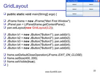 www.SunilOS.com
22
GridLayout
 public static void main(String[] args) {
 JFrame frame = new JFrame("Meri First Window");
 JPanel pan = (JPanel)frame.getContentPane();
 pan.setLayout(new GridLayout(3,2));
 JButton b1 = new JButton("Button1"); pan.add(b1);
 JButton b2 = new JButton("Button2"); pan.add(b2);
 JButton b3 = new JButton("Button3"); pan.add(b3);
 JButton b4 = new JButton("Button4"); pan.add(b4);
 JButton b5 = new JButton("Button5"); pan.add(b5);
 frame.setDefaultCloseOperation(JFrame.EXIT_ON_CLOSE);
 frame.setSize(400, 200);
 frame.setVisible(true);
 }
 