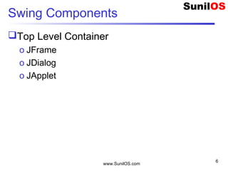 www.SunilOS.com
6
Swing Components
Top Level Container
o JFrame
o JDialog
o JApplet
 