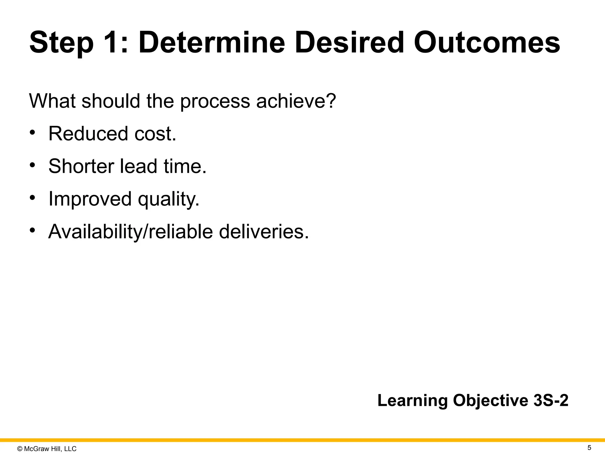 © McGraw Hill, LLC 5
Step 1: Determine Desired Outcomes
What should the process achieve?
• Reduced cost.
• Shorter lead time.
• Improved quality.
• Availability/reliable deliveries.
Learning Objective 3S-2
 