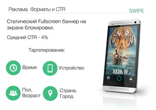 Реклама. Форматы и CTR

SWIPE

Статический Fullscreen баннер на
экране блокировки.
Средний CTR - 4%
Таргетирование:

Устройство

Пол,
Возраст

Страна,
Город
С

Время

 