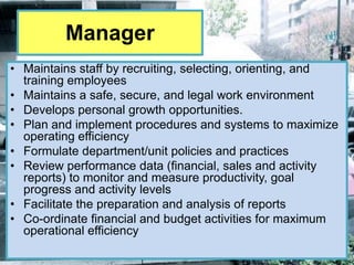 Manager
• Maintains staff by recruiting, selecting, orienting, and
  training employees
• Maintains a safe, secure, and legal work environment
• Develops personal growth opportunities.
• Plan and implement procedures and systems to maximize
  operating efficiency
• Formulate department/unit policies and practices
• Review performance data (financial, sales and activity
  reports) to monitor and measure productivity, goal
  progress and activity levels
• Facilitate the preparation and analysis of reports
• Co-ordinate financial and budget activities for maximum
  operational efficiency
 