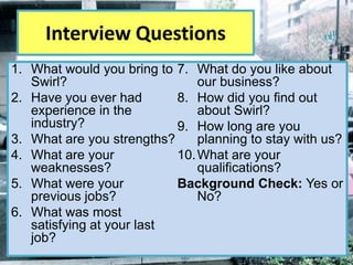 Interview Questions
1. What would you bring to 7. What do you like about
   Swirl?                      our business?
2. Have you ever had       8. How did you find out
   experience in the           about Swirl?
   industry?               9. How long are you
3. What are you strengths?     planning to stay with us?
4. What are your           10. What are your
   weaknesses?                 qualifications?
5. What were your          Background Check: Yes or
   previous jobs?              No?
6. What was most
   satisfying at your last
   job?
 