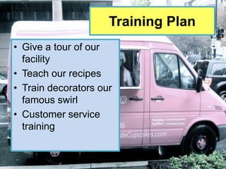 Training Plan
• Give a tour of our
  facility
• Teach our recipes
• Train decorators our
  famous swirl
• Customer service
  training
 