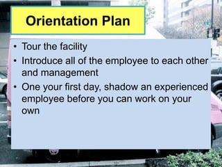 Orientation Plan
• Tour the facility
• Introduce all of the employee to each other
  and management
• One your first day, shadow an experienced
  employee before you can work on your
  own
 