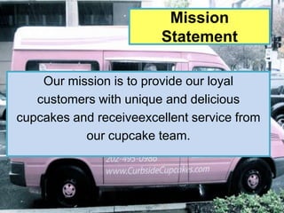 Mission
                        Statement

    Our mission is to provide our loyal
   customers with unique and delicious
cupcakes and receiveexcellent service from
           our cupcake team.
 