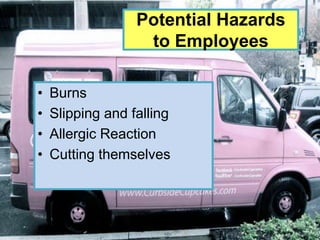 Potential Hazards
                   to Employees

•   Burns
•   Slipping and falling
•   Allergic Reaction
•   Cutting themselves
 