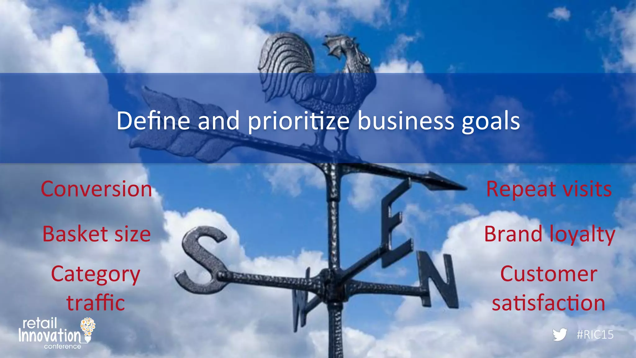 #RIC15
Deﬁne	
  and	
  priori/ze	
  business	
  goals	
  
Conversion	
  
Basket	
  size	
  
Category	
  
traﬃc	
  
Repeat	
  visits	
  
Brand	
  loyalty	
  
Customer	
  
sa/sfac/on	
  
#RIC15
 