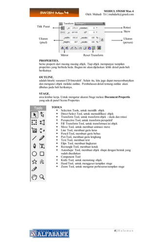 MODUL SWiSH Max 4
Oleh: Muhadi Tri | muhidark@gmail.com
4 | H a l a m a n
PROPERTIES,
berisi properti dari masing masing objek. Tiap objek mempunyai tampilan
properties yang berbeda beda. Bagian ini akan dijelaskan lebih detail pada bab
berikutnya
OUTLINE,
adalah hirarki susunan CD Interaktif . Selain itu, kita juga dapat menyembunyikan
dan mengunci objek melalui outline. Pembahasan detail tentang outline akan
dibahas pada bab berikutnya.
STAGE,
area lembar kerja. Untuk mengatur ukuran Stage melaui Document Propertis
yang ada di panel Scene Properties
TOOLS
 Selection Tools, untuk memilih objek
 Direct Select Tool, untuk memodifikasi objek
 Transform Tool, untuk transform objek - skala dan rotasi
 Perspective Tool, untuk transform perspektif
 Fill Transform Tool, untuk transformasi isi objek
 Move Tool, untuk membuat animasi move
 Line Tool, membuat garis lurus
 Pencil Tool, membuat garis bebas
 Pen Tool, membuat garis lengkung
 Text Tool, membuat text
 Elips Tool, membuat lingkaran
 Rectangle Tool, membuat kotak
 Autoshape Tool, membuat objek shape dengan bentuk yang
sudah disediakan
 Component Tool
 Knife Tool, untuk memotong objek
 Hand Tool, untuk menggeser tampilan stage
 Zoom Tool, untuk mengatur perbesaran tampilan stage
Titik Pusat Rotasi
Skew
Ukuran
(pixel)
Mirror Reset Transform
Ukuran
(persen)
 