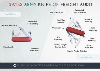 SWISS ARMY KNIFE OF FREIGHT AUDIT 
Freight Tender Solution
Issue
Resolution
Auto-
Invoicing
Rate Calculator
BI /
Reporting
Spot Rate
Solution
Shipment
Booking
Extra
Cost Tool
Automated
Cost Allocation
Web-order
CONTROLPAY GLOBAL FREIGHT AUDIT | LEAVE IT UP TO THE PROFESSIONALS
Handling complex
Business Rules
Two way matching
Elimination
of overbilling
Manual Audit
Standard
Rate Audit
CONTROLPAY 
COMPETITION
 