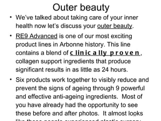 Outer beauty We’ve talked about taking care of your inner health now let’s discuss your  outer beauty . RE9 Advanced  is one of our most exciting product lines in Arbonne history. This line contains a blend of  clinically proven , collagen support ingredients that produce significant results in as little as 24 hours.  Six products work together to visibly reduce and prevent the signs of ageing through 9 powerful and effective anti-ageing ingredients.  Most of you have already had the opportunity to see these before and after photos.  It almost looks like these people experienced plastic surgery. 15 