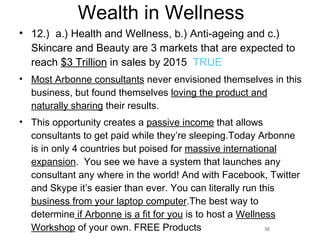 Wealth in Wellness 12.)  a.) Health and Wellness, b.) Anti-ageing and c.) Skincare and Beauty are 3 markets that are expected to reach  $3 Trillion  in sales by 2015  TRUE Most Arbonne consultants  never envisioned themselves in this business, but found themselves  loving the product and naturally sharing  their results.  This opportunity creates a  passive income  that allows consultants to get paid while they’re sleeping.Today Arbonne is in only 4 countries but poised for  massive international expansion .  You see we have a system that launches any consultant any where in the world! And with Facebook, Twitter and Skype it’s easier than ever. You can literally run this  business from your laptop computer .The best way to determine  if Arbonne is a fit for you  is to host a  Wellness Workshop  of your own. FREE Products 16 