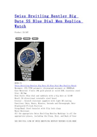Swiss breitling bentley big date ss blue dial men replica watch
