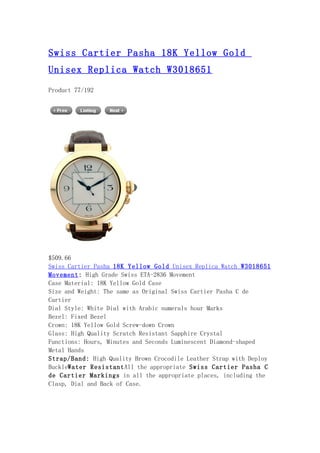 Swiss cartier pasha 18 k yellow gold unisex replica watch w3018651