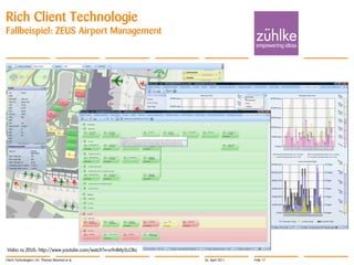 Rich Client Technologie
Fallbeispiel: ZEUS Airport Management




Video zu ZEUS: http://www.youtube.com/watch?v=o9nlMy5LCBo
Client Technologien | Dr. Thomas Memmel et al.              26. April 2011   Folie 17   © Zühlke 2011
 