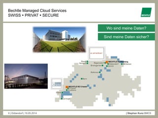 9 | Dübendorf | 19.05.2014 | Stephan Kunz BMCS
Bechtle Managed Cloud Services
SWISS  PRIVAT  SECURE
BECHTLE RZ Rümlang
BECHTLE RZ Crissier
Sind meine Daten sicher?
Wo sind meine Daten?
 