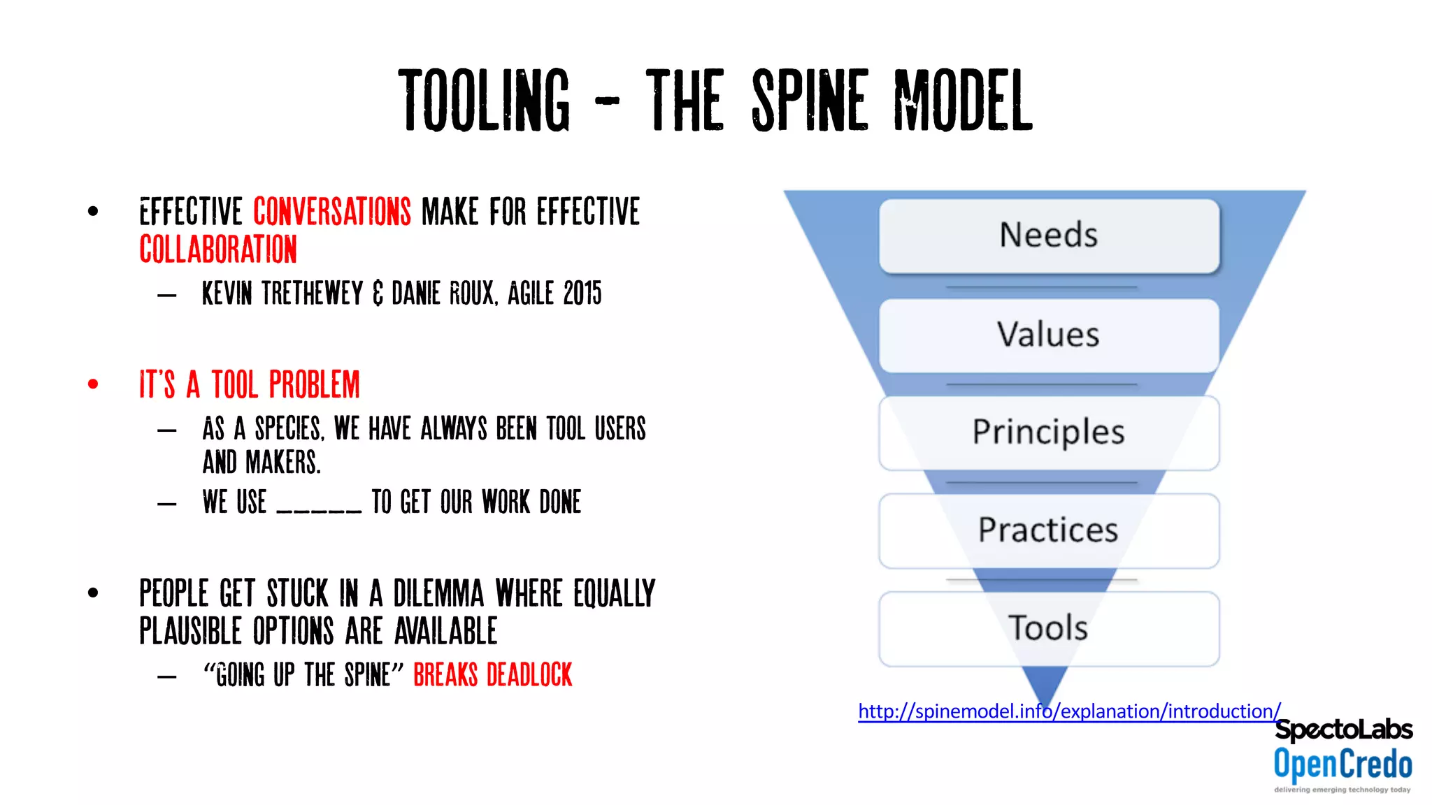 Tooling - The’Spine Model
• Effective conversations make for effective
collaboration
– Kevin Trethewey & danie Roux, Agile 2015
• It's a TOOL Problem
– As a species, we have always been Tool users
and makers.
– We use _____ to get our work done
• People get stuck in a dilemma where equally
plausible options are available
– “Going up the Spine” breaks deadlock
http://spinemodel.info/explanation/introduction/
 