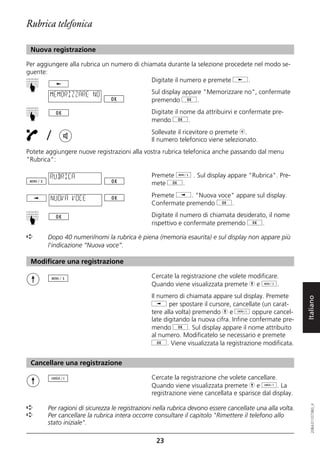 Rubrica telefonica

 Nuova registrazione

Per aggiungere alla rubrica un numero di chiamata durante la selezione procedete nel modo se-
guente:
                                             Digitate il numero e premete j.
☛




        MEMORIZZARE NO                         Sul display appare "Memorizzare no", confermate
                                               premendo g.
                                               Digitate il nome da attribuirvi e confermate pre-
☛




                                               mendo g.

       /                                       Sollevate il ricevitore o premete b.
                                               Il numero telefonico viene selezionato.
Potete aggiungere nuove registrazioni alla vostra rubrica telefonica anche passando dal menu
"Rubrica":

        RUBRICA                                Premete d . Sul display appare "Rubrica". Pre-
                                               mete g.

        NUOVA VOCE                             Premete i. "Nuova voce" appare sul display.
                                               Confermate premendo g.
                                               Digitate il numero di chiamata desiderato, il nome
☛




                                               rispettivo e confermate premendo g.

➪      Dopo 40 numeri/nomi la rubrica è piena (memoria esaurita) e sul display non appare più
       l'indicazione “Nuova voce”.

 Modificare una registrazione

                                               Cercate la registrazione che volete modificare.
                                               Quando viene visualizzata premete h e d.
                                               Il numero di chiamata appare sul display. Premete

                                                                                                          Italiano
                                               i per spostare il cursore, cancellate (un carat-
                                               tere alla volta) premendo h e o oppure cancel-
                                               late digitando la nuova cifra. Infine confermate pre-
                                               mendo g. Sul display appare il nome attribuito
                                               al numero. Modificatelo se necessario e premete
                                               g. Viene visualizzata la registrazione modificata.


 Cancellare una registrazione

                                               Cercate la registrazione che volete cancellare.
                                               Quando viene visualizzata premete h e o. La
                                               registrazione viene cancellata e sparisce dal display.
                                                                                                             20BA311073B0_it




➪      Per ragioni di sicurezza le registrazioni nella rubrica devono essere cancellate una alla volta.
➪      Per cancellare la rubrica intera occorre consultare il capitolo "Rimettere il telefono allo
       stato iniziale".

                                                 23
 