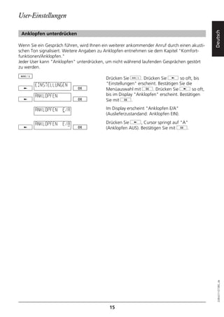 User-Einstellungen




                                                                                              Deutsch
 Anklopfen unterdrücken

Wenn Sie ein Gespräch führen, wird Ihnen ein weiterer ankommender Anruf durch einen akusti-
schen Ton signalisiert. Weitere Angaben zu Anklopfen entnehmen sie dem Kapitel "Komfort-
funktionen/Anklopfen."
Jeder User kann "Anklopfen" unterdrücken, um nicht während laufenden Gesprächen gestört
zu werden.

                                          Drücken Sie d. Drücken Sie j so oft, bis
        EINSTELLUNGEN                     "Einstellungen" erscheint. Bestätigen Sie die
                                          Menüauswahl mit g. Drücken Sie j so oft,
        ANKLOPFEN                         bis im Display "Anklopfen" erscheint. Bestätigen
                                          Sie mit g.

        ANKLOPFEN    E/A                  Im Display erscheint "Anklopfen E/A"
                                          (Auslieferzustandand: Anklopfen EIN).

        ANKLOPFEN    E/A                  Drücken Sie j, Cursor springt auf "A"
                                          (Anklopfen AUS). Bestätigen Sie mit g.




                                                                                                20BA311073B0_de




                                            15
 
