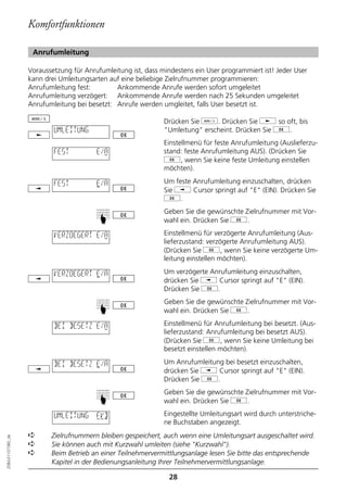 Komfortfunktionen

                   Anrufumleitung

                  Voraussetzung für Anrufumleitung ist, dass mindestens ein User programmiert ist! Jeder User
                  kann drei Umleitungsarten auf eine beliebige Zielrufnummer programmieren:
                  Anrufumleitung fest:        Ankommende Anrufe werden sofort umgeleitet
                  Anrufumleitung verzögert: Ankommende Anrufe werden nach 25 Sekunden umgeleitet
                  Anrufumleitung bei besetzt: Anrufe werden umgleitet, falls User besetzt ist.

                                                              Drücken Sie d. Drücken Sie j so oft, bis
                          UMLEITUNG                           "Umleitung" erscheint. Drücken Sie g.
                                                              Einstellmenü für feste Anrufumleitung (Auslieferzu-
                          FEST          E/A                   stand: feste Anrufumleitung AUS). (Drücken Sie
                                                              g, wenn Sie keine feste Umleitung einstellen
                                                              möchten).

                          FEST          E/A                   Um feste Anrufumleitung einzuschalten, drücken
                                                              Sie i Cursor springt auf "E" (EIN). Drücken Sie
                                                              g.
                                                              Geben Sie die gewünschte Zielrufnummer mit Vor-
                                        ☛




                                                              wahl ein. Drücken Sie g.

                          VERZOEGERT E/A                      Einstellmenü für verzögerte Anrufumleitung (Aus-
                                                              lieferzustand: verzögerte Anrufumleitung AUS).
                                                              (Drücken Sie g, wenn Sie keine verzögerte Um-
                                                              leitung einstellen möchten).

                          VERZOEGERT E/A                      Um verzögerte Anrufumleitung einzuschalten,
                                                              drücken Sie i Cursor springt auf "E" (EIN).
                                                              Drücken Sie g.
                                                              Geben Sie die gewünschte Zielrufnummer mit Vor-
                                        ☛




                                                              wahl ein. Drücken Sie g.

                          BEI BESETZ E/A                      Einstellmenü für Anrufumleitung bei besetzt. (Aus-
                                                              lieferzustand: Anrufumleitung bei besetzt AUS).
                                                              (Drücken Sie g, wenn Sie keine Umleitung bei
                                                              besetzt einstellen möchten).

                          BEI BESETZ E/A                      Um Anrufumleitung bei besetzt einzuschalten,
                                                              drücken Sie i Cursor springt auf "E" (EIN).
                                                              Drücken Sie g.
                                                              Geben Sie die gewünschte Zielrufnummer mit Vor-
                                        ☛




                                                              wahl ein. Drücken Sie g.

                          UMLEITUNG     FVB                   Eingestellte Umleitungsart wird durch unterstriche-
                                                              ne Buchstaben angezeigt.
                  ➪      Zielrufnummern bleiben gespeichert, auch wenn eine Umleitungsart ausgeschaltet wird.
20BA311073B0_de




                  ➪      Sie können auch mit Kurzwahl umleiten (siehe "Kurzwahl").
                  ➪      Beim Betrieb an einer Teilnehmervermittlungsanlage lesen Sie bitte das entsprechende
                         Kapitel in der Bedienungsanleitung Ihrer Teilnehmervermittlungsanlage.

                                                                28
 