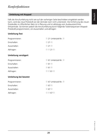 Komfortfunktionen




                                                                                                  Deutsch
 Umleitung mit Keypad

Falls die Anrufumleitung nicht wie auf der vorherigen Seite beschrieben eingeleitet werden
kann, wird das neue Protokoll von der Zentrale noch nicht unterstützt. Die Einführung des neuen
Protokolles im öffentlichen Netz ist in Planung und ist abhängig vom Ausbaustand Ihrer
Ortszentrale. Sie können jedoch die Anrufumleitung durch folgende Tastensequenzen (Keypad-
Protokoll) programmieren, ein-/ausschalten und abfragen:

Umleitung fest

Programmieren:                              l 21 Umleitziel-Nr. j
Einschalten:                                l 21 j
Ausschalten:                                j 21 j
Abfragen:                                   l j 21 j

Umleitung verzögert

Programmieren:                              l 61 Umleitziel-Nr. j
Einschalten:                                l 61 j
Ausschalten:                                j 61 j
Abfragen:                                   l j 61 j

Umleitung bei besetzt

Programmieren:                              l 67 Umleitziel-Nr. j
Einschalten:                                l 67 j
Ausschalten:                                j 67 j
Abfragen:                                   l j 67 j
                                                                                                    20BA311073B0_de




                                              29
 