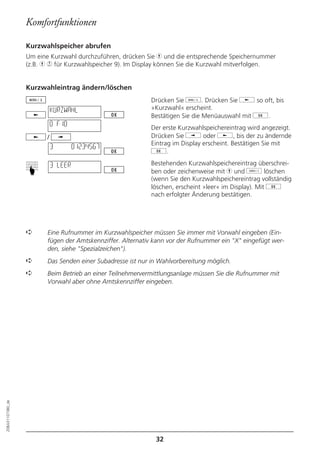 Komfortfunktionen

                  Kurzwahlspeicher abrufen
                  Um eine Kurzwahl durchzuführen, drücken Sie h und die entsprechende Speichernummer
                  (z.B. h 9 für Kurzwahlspeicher 9). Im Display können Sie die Kurzwahl mitverfolgen.


                  Kurzwahleintrag ändern/löschen
                                                             Drücken Sie d. Drücken Sie j so oft, bis
                             KURZWAHL                        »Kurzwahl« erscheint.
                                                             Bestätigen Sie die Menüauswahl mit g.
                             0 F10
                                                             Der erste Kurzwahlspeichereintrag wird angezeigt.
                         /                                   Drücken Sie i oder j, bis der zu ändernde
                                                             Eintrag im Display erscheint. Bestätigen Sie mit
                             3       01234567
                                                             g.

                             3 LEER                          Bestehenden Kurzwahlspeichereintrag überschrei-
                  ☛




                                                             ben oder zeichenweise mit h und o löschen
                                                             (wenn Sie den Kurzwahlspeichereintrag vollständig
                                                             löschen, erscheint »leer« im Display). Mit g
                                                             nach erfolgter Änderung bestätigen.




                  ➪      Eine Rufnummer im Kurzwahlspeicher müssen Sie immer mit Vorwahl eingeben (Ein-
                         fügen der Amtskennziffer. Alternativ kann vor der Rufnummer ein "X" eingefügt wer-
                         den, siehe "Spezialzeichen").
                  ➪      Das Senden einer Subadresse ist nur in Wahlvorbereitung möglich.
                  ➪      Beim Betrieb an einer Teilnehmervermittlungsanlage müssen Sie die Rufnummer mit
                         Vorwahl aber ohne Amtskennziffer eingeben.
20BA311073B0_de




                                                              32
 