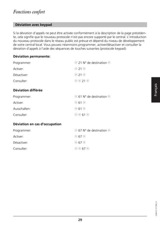 Fonctions confort

 Déviation avec keypad

Si la déviation d’appels ne peut être activée conformément à la description de la page précéden-
te, cela signifie que le nouveau protocole n’est pas encore supporté par le central. L’introduction
du nouveau protocole dans le réseau public est prévue et dépend du niveau de développement
de votre central local. Vous pouvez néanmoins programmer, activer/désactiver et consulter la
déviation d’appels à l’aide des séquences de touches suivantes (protocole keypad):

Déviation permanente:
Programmer:                                  l 21 N° de destination j
Activer:                                     l 21 j
Désactiver:                                  j 21 j
Consulter:                                   l j 21 j




                                                                                                      Français
Déviation différée
Programmer:                                  l 61 N° de destination j
Activer:                                     l 61 j
Ausschalten:                                 j 61 j
Consulter:                                   l j 61 j

Déviation en cas d’occupation
Programmer:                                  l 67 N° de destination j
Activer:                                     l 67 j
Désactiver:                                  j 67 j
Consulter:                                   l j 67 j.

                                                                                                         20BA311073B0_fr




                                                29
 