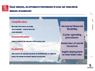 Cloud services, an opportunity for hoteliers to scale and standardize services at lower cost Increased financial flexibility Easier operating procedures   Reduction of onsite resources Rapid deployment of new hotel sites Standardization Identical services are available at N individual sites  Simplification Key hotel applications are hosted  above property – without using any  onsite resources Scalability Applications are available following the SaaS (Software as a Service) model. No charges for unused services or capacities. 