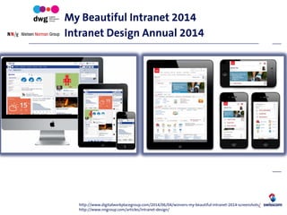 My Beautiful Intranet 2014
Intranet Design Annual 2014
http://www.digitalworkplacegroup.com/2014/06/04/winners-my-beautifu...