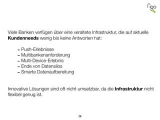 !
!
!
!
!
Viele Banken verfügen über eine veraltete Infrastruktur, die auf aktuelle
Kundenneeds wenig bis keine Antworten hat:
!
-Push-Erlebnisse
-Multibankenanforderung
-Multi-Device-Erlebnis
-Ende von Datensilos
-Smarte Datenaufbereitung
!
!
Innovative Lösungen sind oft nicht umsetzbar, da die Infrastruktur nicht
ﬂexibel genug ist.
28
 
