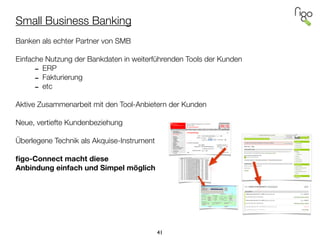 Small Business Banking
!
Banken als echter Partner von SMB
!
Einfache Nutzung der Bankdaten in weiterführenden Tools der Kunden
- ERP
- Fakturierung
- etc
!
Aktive Zusammenarbeit mit den Tool-Anbietern der Kunden
!
Neue, vertiefte Kundenbeziehung
!
Überlegene Technik als Akquise-Instrument
!
ﬁgo-Connect macht diese  
Anbindung einfach und Simpel möglich
41
 