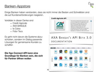 Banken-Appstore
!
Einige Banken haben verstanden, dass sie nicht immer die Besten und Schnellsten sind
die auf Kundenanforderungen reagieren.
!
Vorbilder in dieser Denke sind
- Credit Agricole
- AXA BANQUE
- la Caixa
- Fidor Tecs
!
Es geht nicht darum die Systeme abzu-
schotten, sondern im Dialog passende  
Lösungen für gemeinsame Kunden zu
schaffen
!
!
Die ﬁgo Connect API kann eine  
Grundlage für Banken sein, die sich 
für Partner öﬀnen wollen
43
 