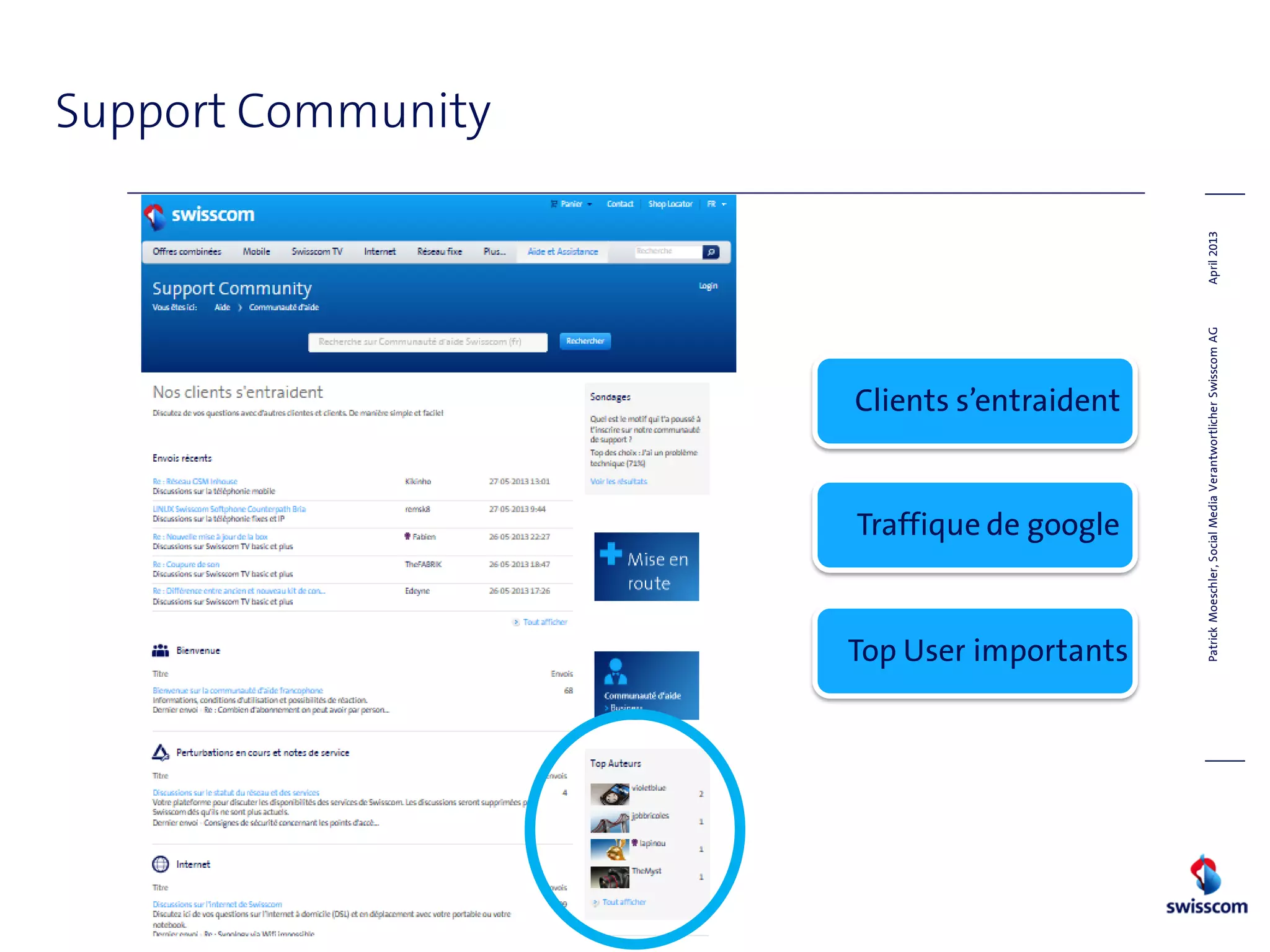 Support Community
PatrickMoeschler,SocialMediaVerantwortlicherSwisscomAGApril2013
Clients s’entraident
Traffique de google
Top User importants
 