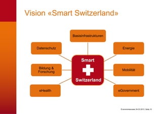 Vision «Smart Switzerland»

                 Basisinfrastrukturen


   Datenschutz                             Energie


                      Smart
   Bildung &
                                          Mobilität
   Forschung

                  Switzerland

    eHealth                             eGovernment




                                         © economiesuisse 04.03.2013 Seite 10
 