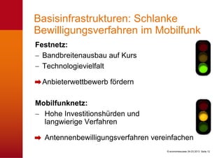 Basisinfrastrukturen: Schlanke
Bewilligungsverfahren im Mobilfunk
Festnetz:
  Bandbreitenausbau auf Kurs
  Technologievielfalt

 Anbieterwettbewerb fördern

Mobilfunknetz:
  Hohe Investitionshürden und
  langwierige Verfahren

  Antennenbewilligungsverfahren vereinfachen
                                    © economiesuisse 04.03.2013 Seite 12
 