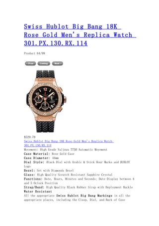 Swiss hublot big bang 18 k rose gold men's replica watch 301.px.130.rx.114