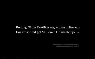 Das entspricht 3.7 Millionen Onlineshoppern.Rund 47 % der Bevölkerung kaufen online ein.www.bfs.admin.ch, Internetnutzung Schweiz, sowie Informationsgesellschaft , 01/2011