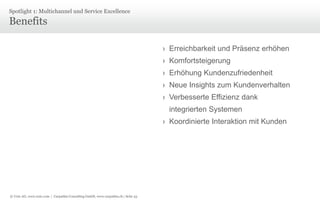 Spotlight 1: Multichannel und Service Excellence

Benefits
› Erreichbarkeit und Präsenz erhöhen
› Komfortsteigerung
› Erhöhung Kundenzufriedenheit
› Neue Insights zum Kundenverhalten
› Verbesserte Effizienz dank

integrierten Systemen
› Koordinierte Interaktion mit Kunden

© Unic AG, www.unic.com | Carpathia Consulting GmbH, www.carpathia.ch | Seite 33

 