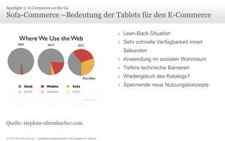 Spotlight 2: E-Commerce on the Go

Sofa-Commerce –Bedeutung der Tablets für den E-Commerce
› Lean-Back Situation
› Sehr schnelle Verfügbarkeit innert

Sekunden
› Anwendung im sozialen Wohnraum
› Tiefere technische Barrieren
› Wiedergeburt des Katalogs?
› Spannende neue Nutzungskonzepte

Quelle: stephan-uhrenbacher.com
© Unic AG, www.unic.com | Carpathia Consulting GmbH, www.carpathia.ch | Seite 55

 
