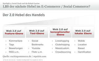 Spotlight 4: Social Deals und die Rabatt-Lawine

LBS der nächste Hebel im E-Commerce / Social Commerce?

Der 2.0 Hebel des Handels

Web 2.0 auf
Tool-Ebene

Web 2.0 auf
Feature-Ebene

›

Kommentare

›

Tags

›

Bewertungen

›

RSS u.m.

›

Web 2.0 auf
konzeptioneller
Ebene

Web 2.0 auf
lokaler Ebene

Social

›

Liveshopping

›

Mobile

Bookmarks

›

Clubshopping

›

Location

›

Youtube

›

Masstcustom.

›

Flickr u.m.

›

Crowdsourcing

Quelle: excitingcommerce.de / mpolzin.com
© Unic AG, www.unic.com | Carpathia Consulting GmbH, www.carpathia.ch | Seite 79

Based
›

Gamification

 