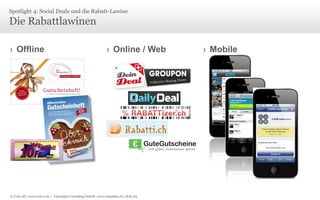 Spotlight 4: Social Deals und die Rabatt-Lawine

Die Rabattlawinen
› Offline

› Online / Web

© Unic AG, www.unic.com | Carpathia Consulting GmbH, www.carpathia.ch | Seite 84

› Mobile

 