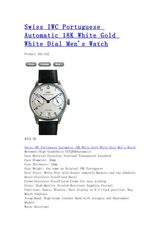 Swiss iwc portuguese automatic 18 k white gold white dial men's watch