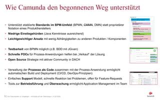 9 | Von Dokumenten zu Vorgängen - mit Koala auf der Überholspur | 12.02.2020
Wie Camunda den begonnenen Weg unterstützt
• Unterstützt etablierte Standards im BPM-Umfeld (BPMN, CMMN, DMN) statt proprietärer
Notation eines Produktherstellers
• Niedrige Einstiegshürden (Java Kenntnisse ausreichend)
• Leichtgewichtiger Ansatz mit wenig Abhängigkeiten zu anderen Produkten / Komponenten
• Testbarkeit von BPMN möglich (z.B. BDD mit JGiven)
• Schnelle POCs für Prozess-Anwendungen helfen bei „Verkauf“ der Lösung
• Open Source Strategie mit aktiver Community in DACH
• Verwaltung der Prozesse als Code zusammen mit der Prozess-Anwendung ermöglicht
automatischen Build und Deployment (CI/CD, DevOps-Prinzipien)
• Einfaches Support Modell, schnelle Reaktion bei Problemen, offen für Feature-Requests
• Tools zur Betriebsführung und Überwachung ermöglicht Application Management im Team
Kubernetes Pod
SwissLife Code
(Main-Class, Plugins, Security, Properties, …)
Camunda BPM Libraries
3rd Party Libraries
(SpringBoot, Datenbank-Treiber, …)
Konfiguration für Anwendung und Stages
(generiert mit SLICOMA)
SpringBoot 2 JAR-File
Docker Image
Base-Image OpenJDK 1.8.x
(SSL-Zertifikate)
Deployments, Secrets, Environment-Konfiguration
(generiert mit Helm Chart / Helm File)
SwissLife Monitoring Adapter
 