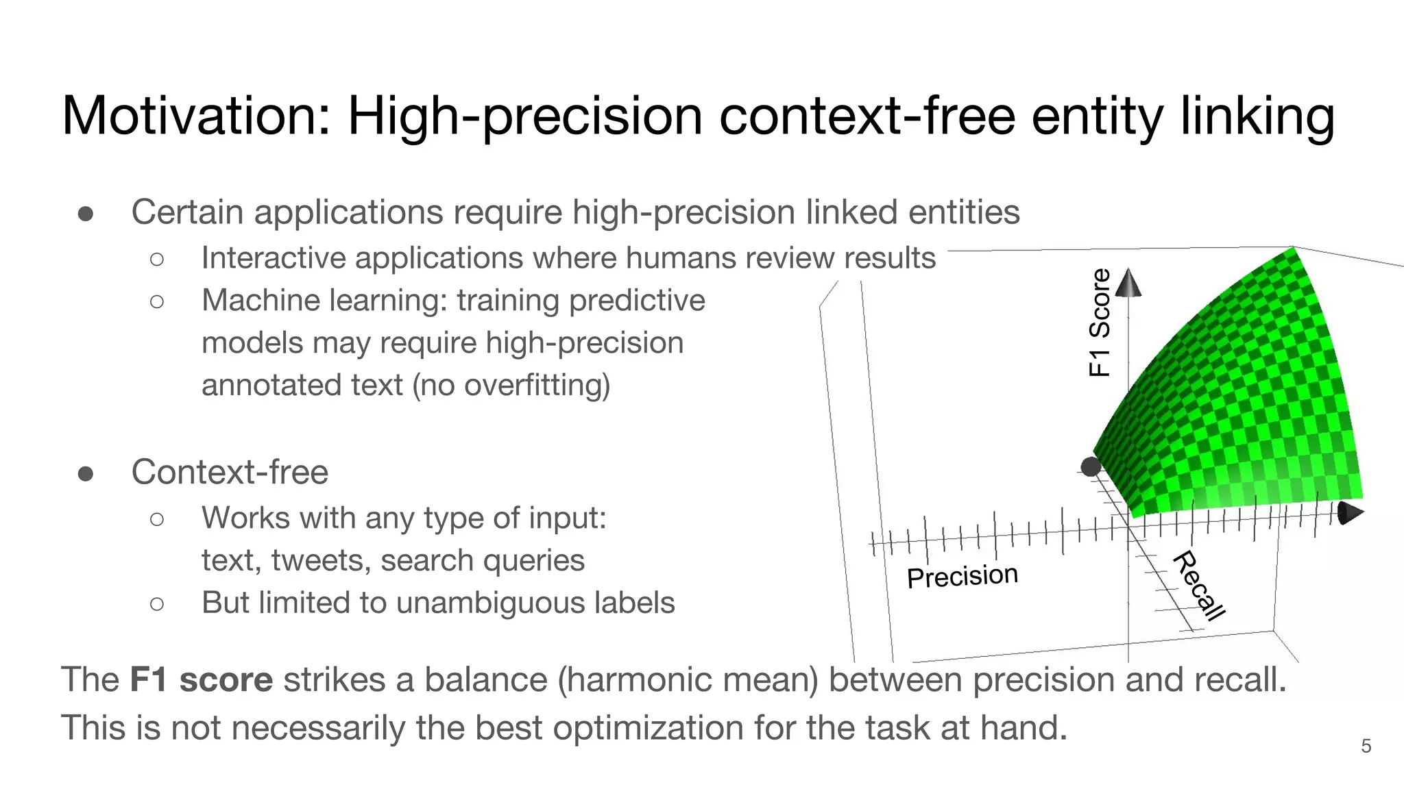 Motivation: High-precision context-free entity linking
● Certain applications require high-precision linked entities
○ Interactive applications where humans review results
○ Machine learning: training predictive
models may require high-precision
annotated text (no overfitting)
● Context-free
○ Works with any type of input:
text, tweets, search queries
○ But limited to unambiguous labels
The F1 score strikes a balance (harmonic mean) between precision and recall.
This is not necessarily the best optimization for the task at hand. 5
Precision
Recall
F1Score
 