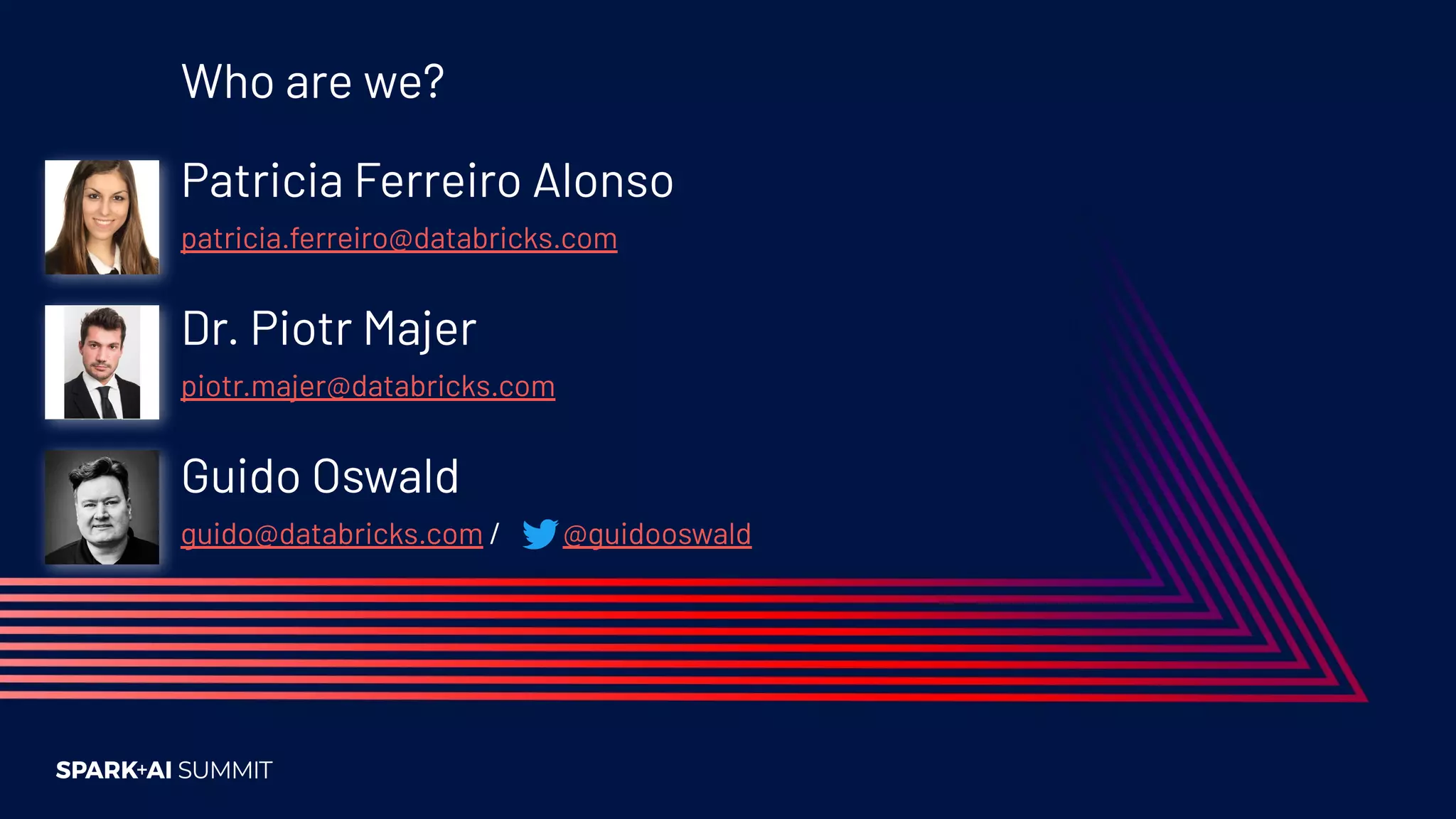 Who are we?
Patricia Ferreiro Alonso
patricia.ferreiro@databricks.com
Dr. Piotr Majer
piotr.majer@databricks.com
Guido Oswald
guido@databricks.com / @guidooswald
 