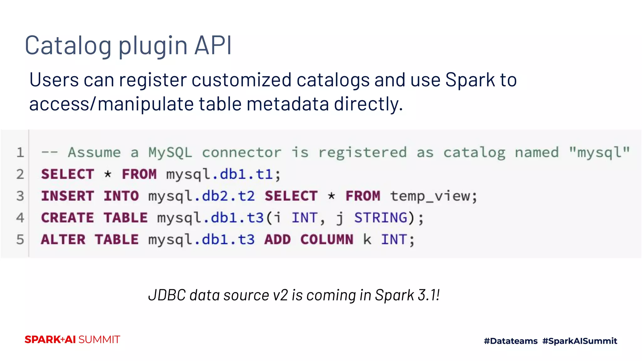 Catalog plugin API
Users can register customized catalogs and use Spark to
access/manipulate table metadata directly.
JDBC data source v2 is coming in Spark 3.1!
 