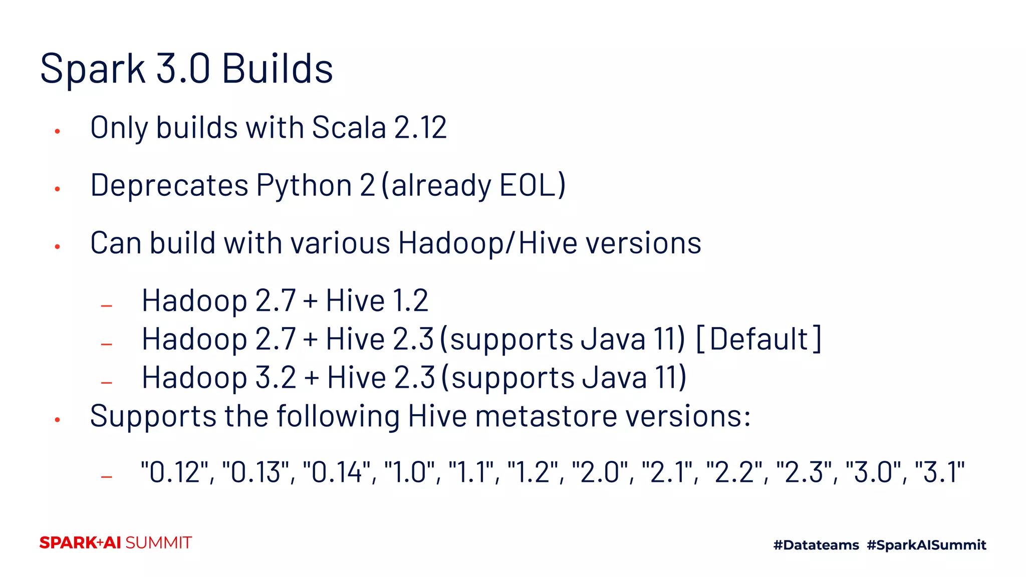 Spark 3.0 Builds
• Only builds with Scala 2.12
• Deprecates Python 2 (already EOL)
• Can build with various Hadoop/Hive versions
– Hadoop 2.7 + Hive 1.2
– Hadoop 2.7 + Hive 2.3 (supports Java 11)  [Default]
– Hadoop 3.2 + Hive 2.3 (supports Java 11)
• Supports the following Hive metastore versions:
– "0.12", "0.13", "0.14", "1.0", "1.1", "1.2", "2.0", "2.1", "2.2", "2.3", "3.0", "3.1"
 