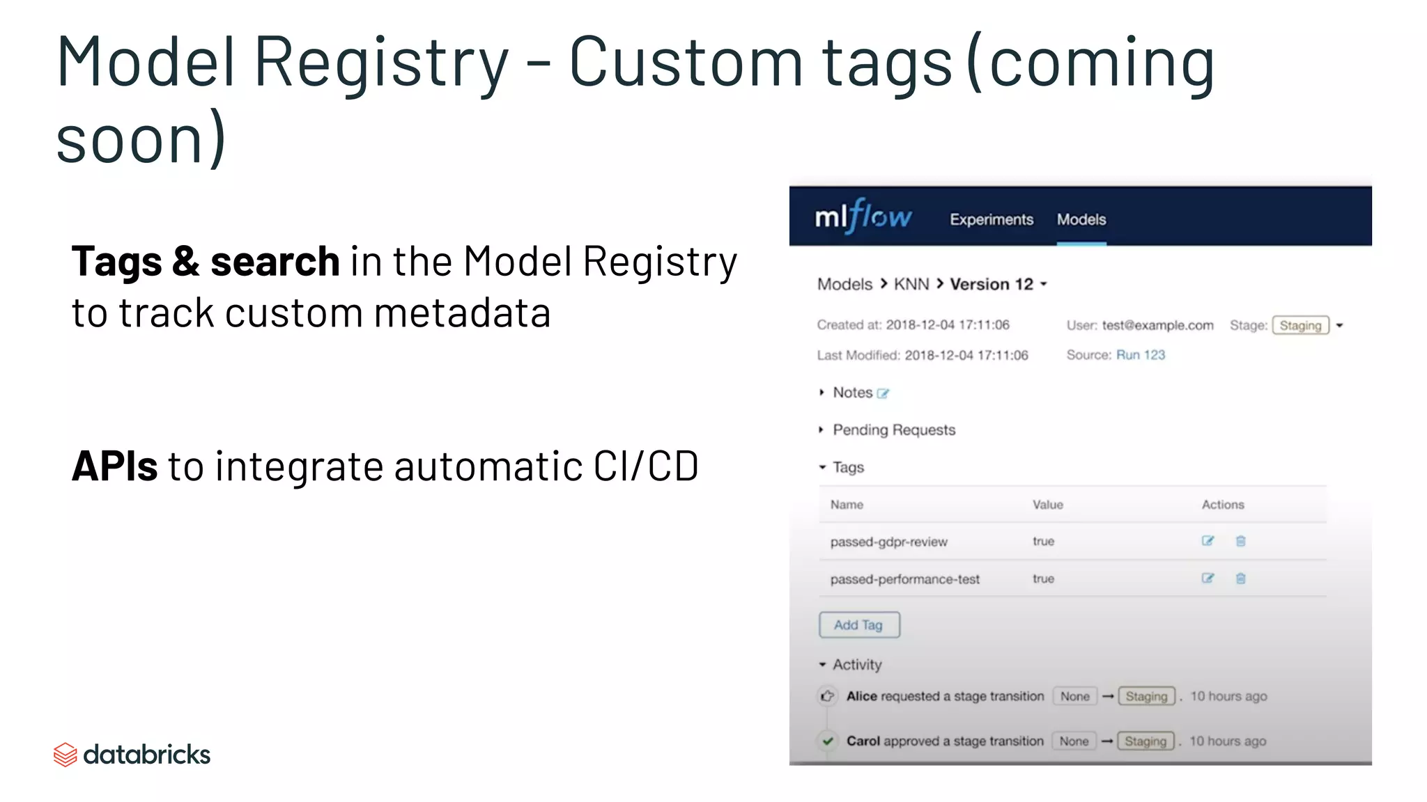 Model Registry - Custom tags (coming
soon)
Tags & search in the Model Registry
to track custom metadata
APIs to integrate automatic CI/CD
 